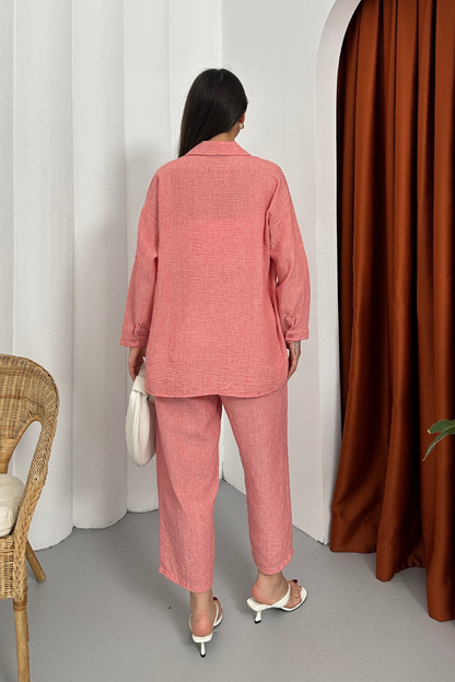 Kadın Alt Üst Takım Yazlık Keten Cep Detaylı Pantolon Gömlek İkili Takım