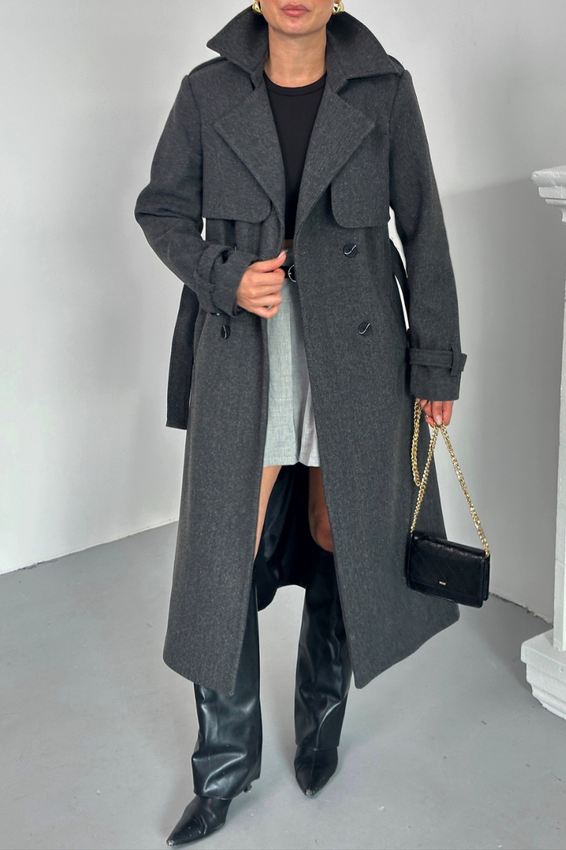 Kadın Kaban Uzun Kaşe  Kuşaklı Düğmeli Cepli Kruvaze Premium Kaban