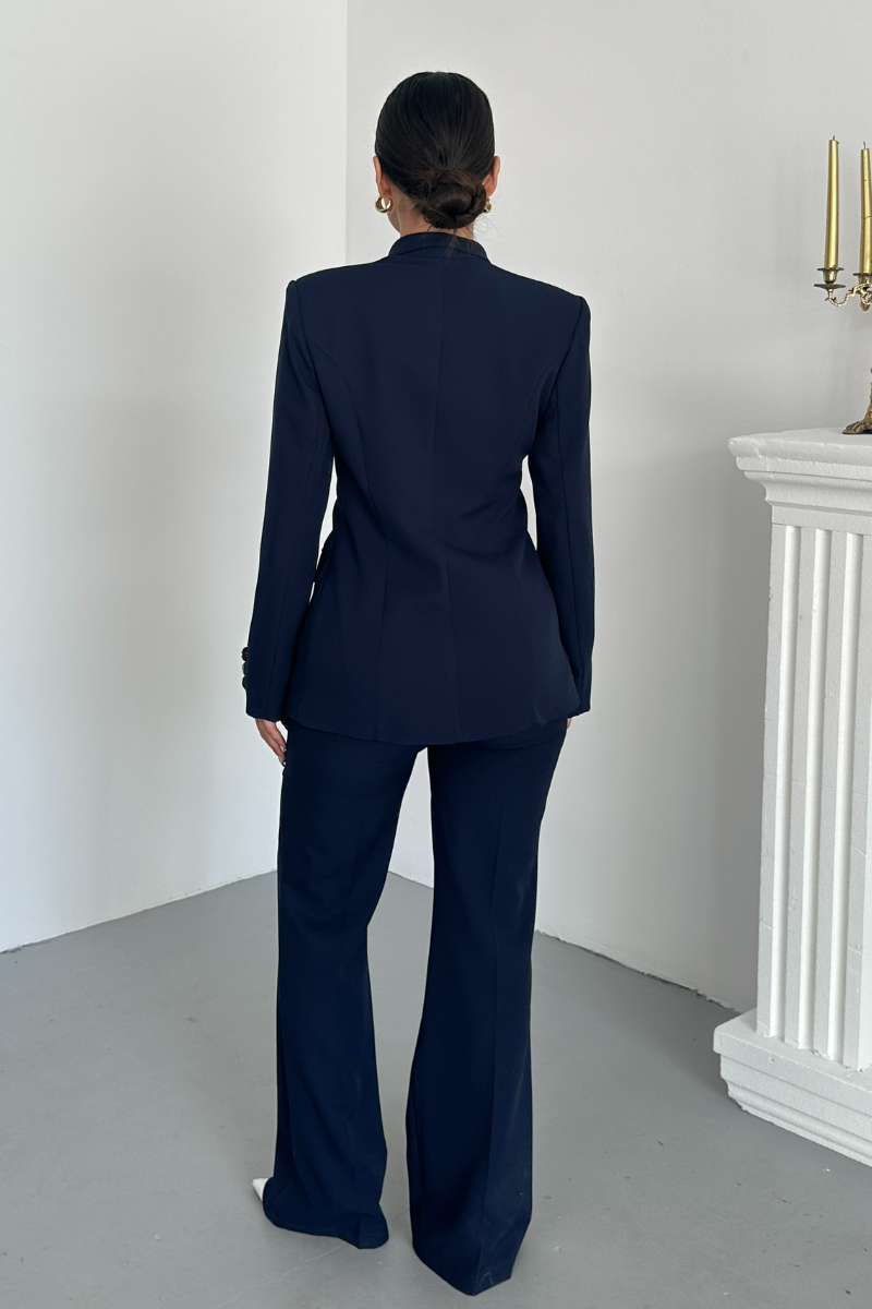 Kadın İkili Takım Şık Düğme Detaylı Dik Yaka Blazer Ceket Bol Paça Pantolon Takım