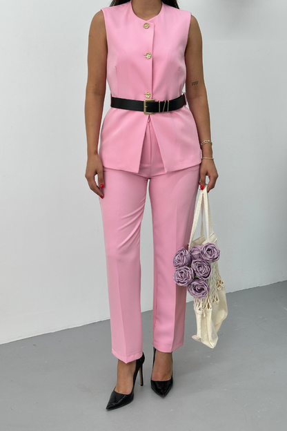 Kadın İkili Alt Üst Takım Şık Kemerli Düğme Detaylı Bisiklet Yaka Regular Yelek Pantolon Takım