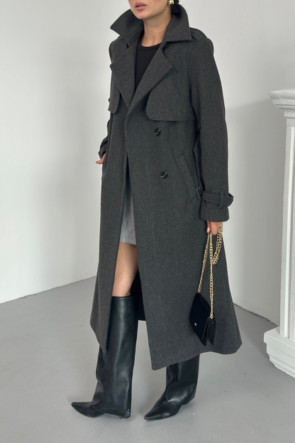 Kadın Kaban Uzun Kaşe  Kuşaklı Düğmeli Cepli Kruvaze Premium Kaban