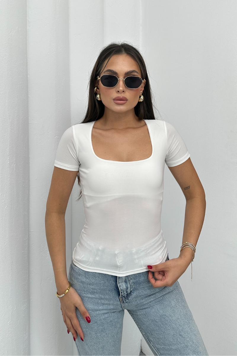 Kadın Kısa Kollu T-Shirt Kare Yaka Çift Kat Sandy Kumaş Crop T-Shirt