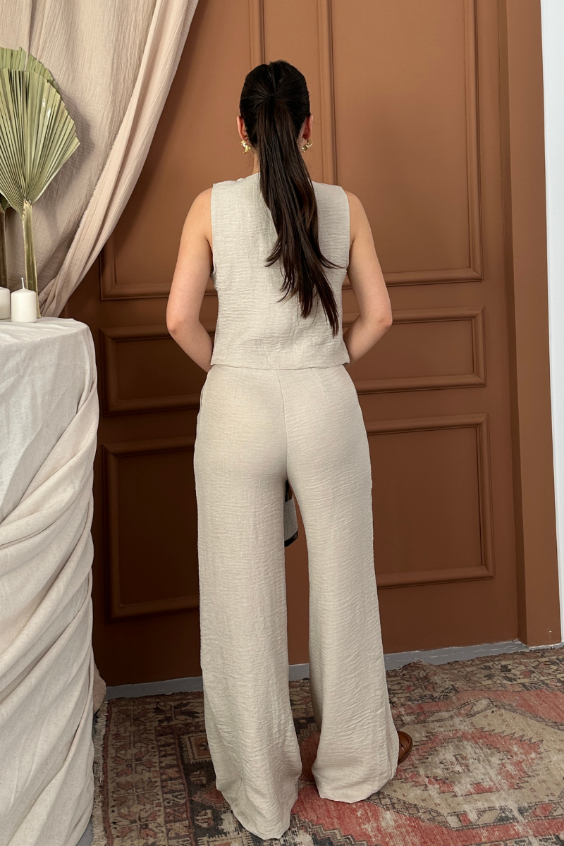 Kadın Alt Üst Takım Keten Düğmeli V Yaka Yelek Bol Paça Pantolon Takım