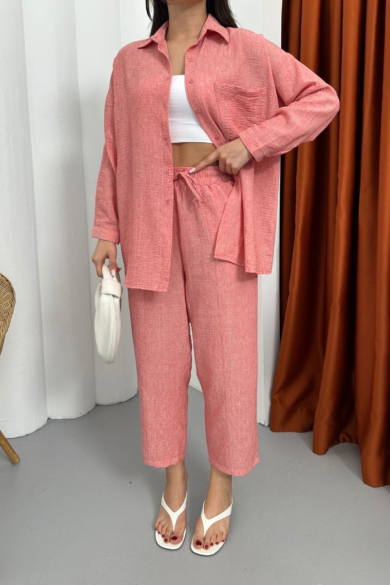 Kadın Alt Üst Takım Yazlık Keten Cep Detaylı Pantolon Gömlek İkili Takım