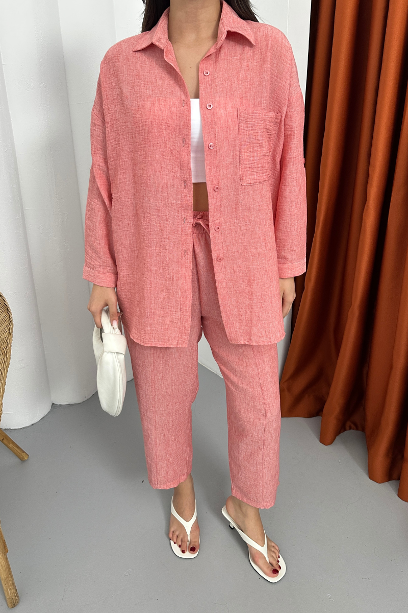 Kadın Alt Üst Takım Yazlık Keten Cep Detaylı Pantolon Gömlek İkili Takım