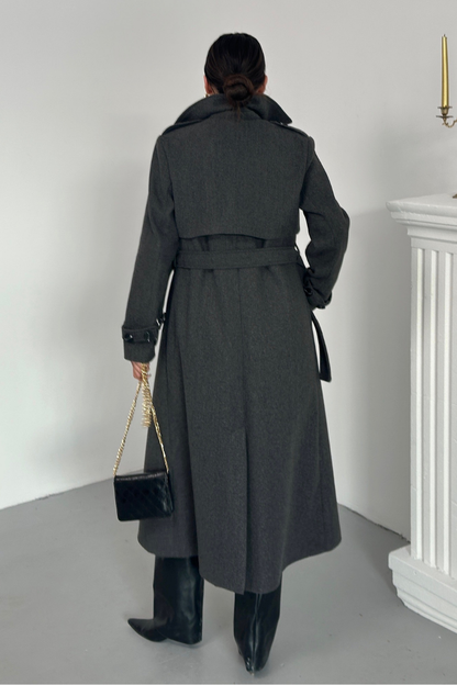 Kadın Kaban Uzun Kaşe  Kuşaklı Düğmeli Cepli Kruvaze Premium Kaban