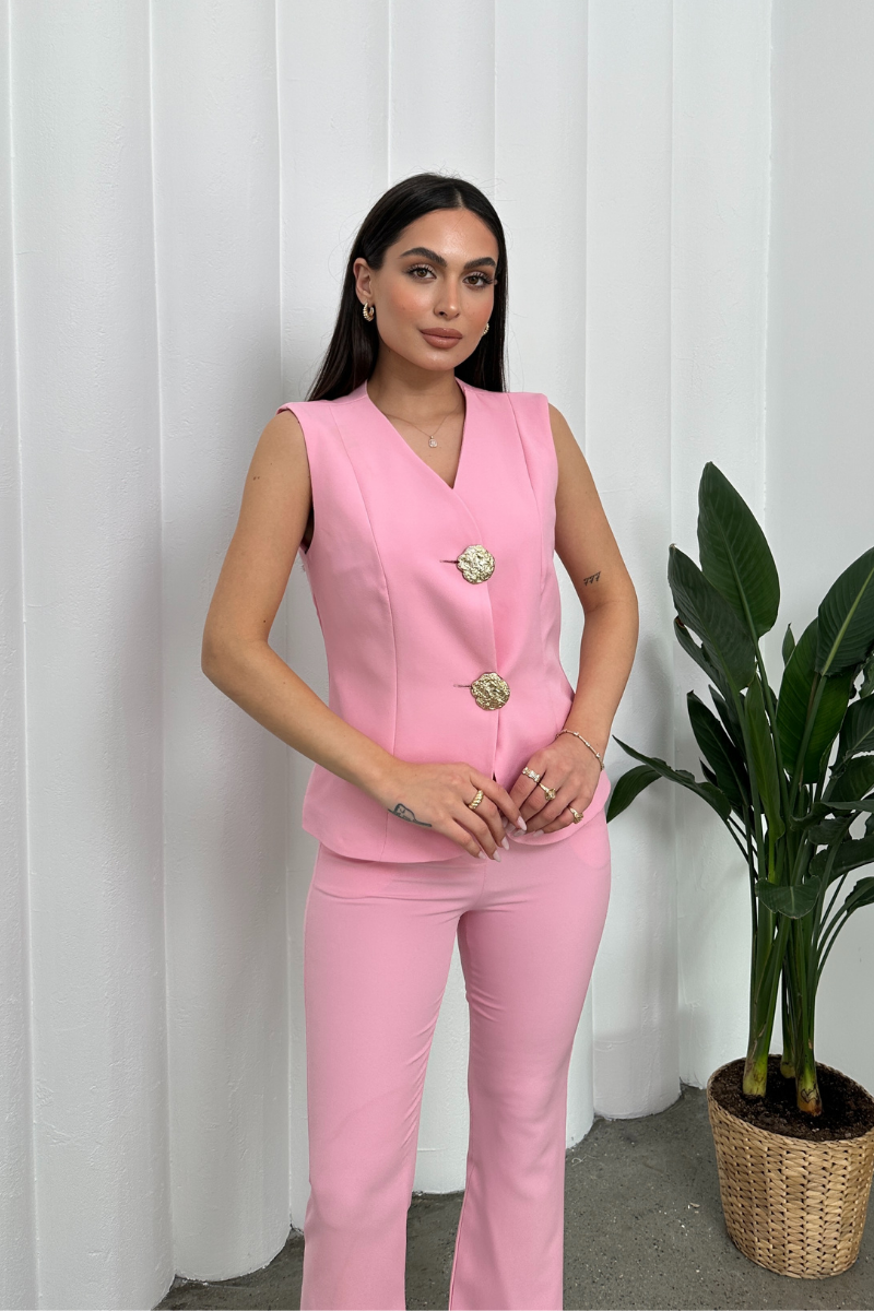 Kadın Alt Üst Takım Şık Düğme Detaylı Yelek Pantolon İkili Takım