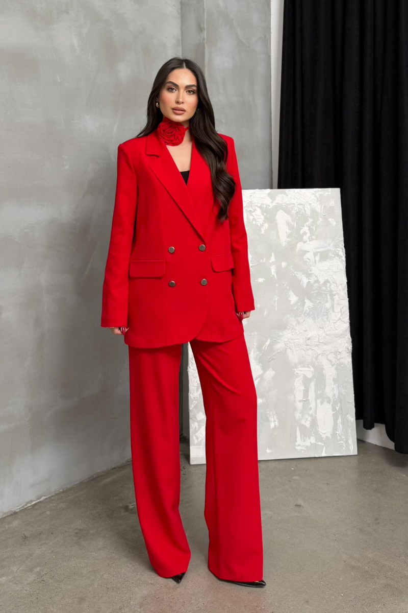 Kadın İkili Blazer Ceket Pantolon Takım Aksesuar ve Düğme Detaylı Bol Paça