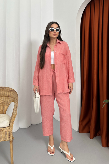 Kadın Alt Üst Takım Yazlık Keten Cep Detaylı Pantolon Gömlek İkili Takım