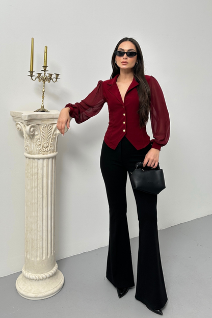 Kadın Gömlek Düğmeli Uzun Tül Kollu Ceket Yaka Bele Oturan Gömlek