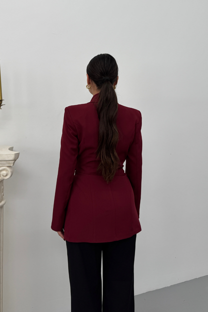 Kadın Blazer Ceket Şık Kruvaze Yaka Vatkalı Gold Kemer Detaylı Ceket