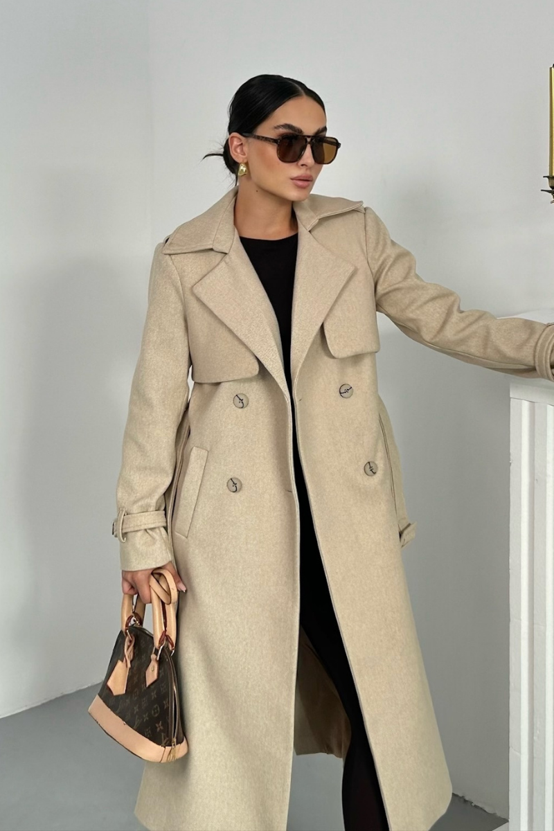 Kadın Kaban Uzun Kaşe  Kuşaklı Düğmeli Cepli Kruvaze Premium Kaban