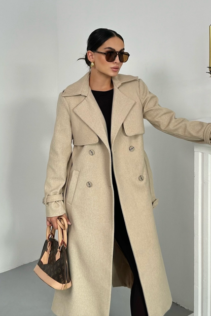 Kadın Kaban Uzun Kaşe  Kuşaklı Düğmeli Cepli Kruvaze Premium Kaban