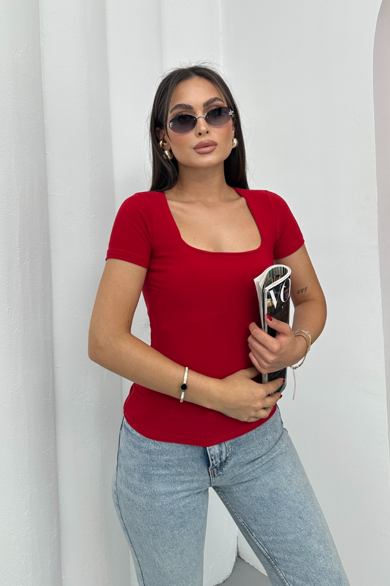 Kadın Kısa Kollu T-Shirt Kare Yaka Çift Kat Sandy Kumaş Crop T-Shirt