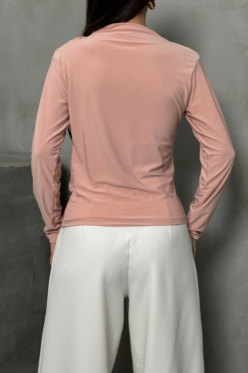 Kadın Bluz Drapeli Uzun Kollu Sandy Kumaş Yüksek Yakalı Likralı Bluz