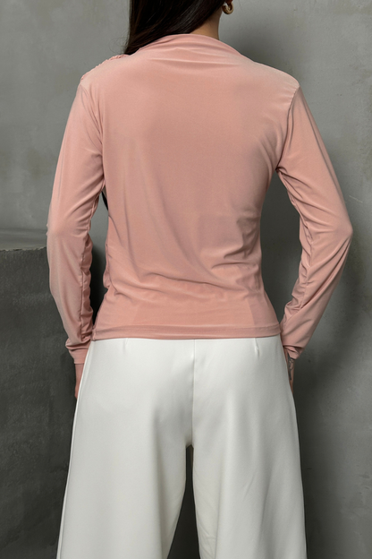 Kadın Bluz Drapeli Uzun Kollu Sandy Kumaş Yüksek Yakalı Likralı Bluz