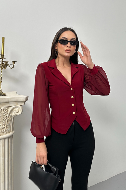Kadın Gömlek Düğmeli Uzun Tül Kollu Ceket Yaka Bele Oturan Gömlek