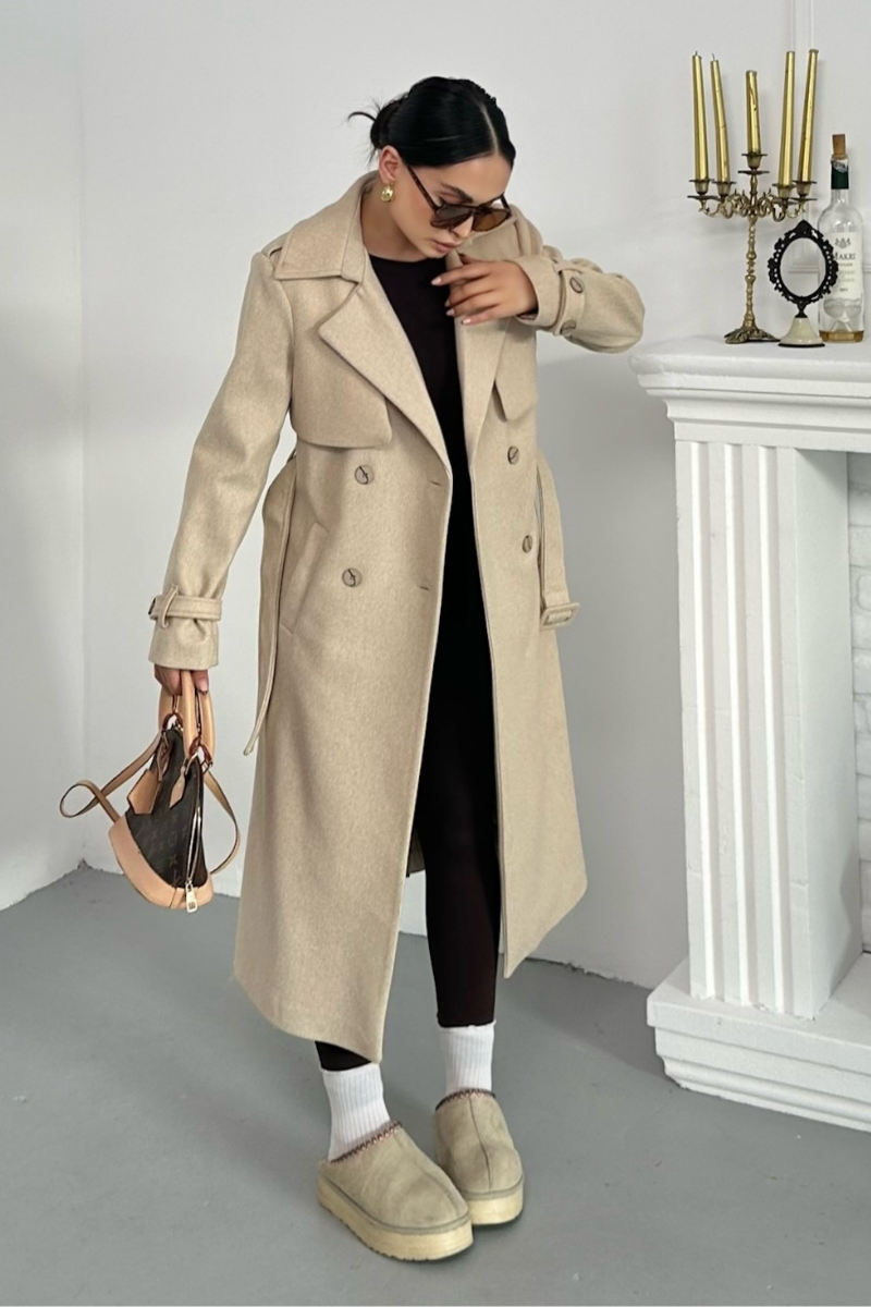 Kadın Kaban Uzun Kaşe  Kuşaklı Düğmeli Cepli Kruvaze Premium Kaban