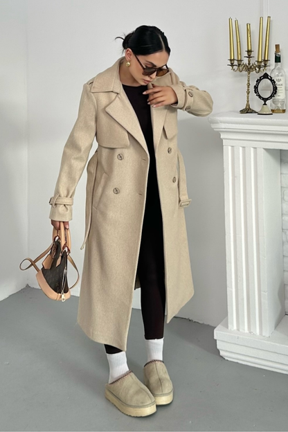 Kadın Kaban Uzun Kaşe  Kuşaklı Düğmeli Cepli Kruvaze Premium Kaban