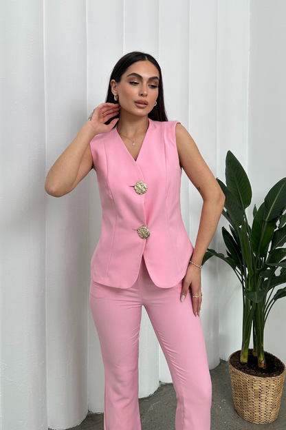 Kadın Alt Üst Takım Şık Düğme Detaylı Yelek Pantolon İkili Takım