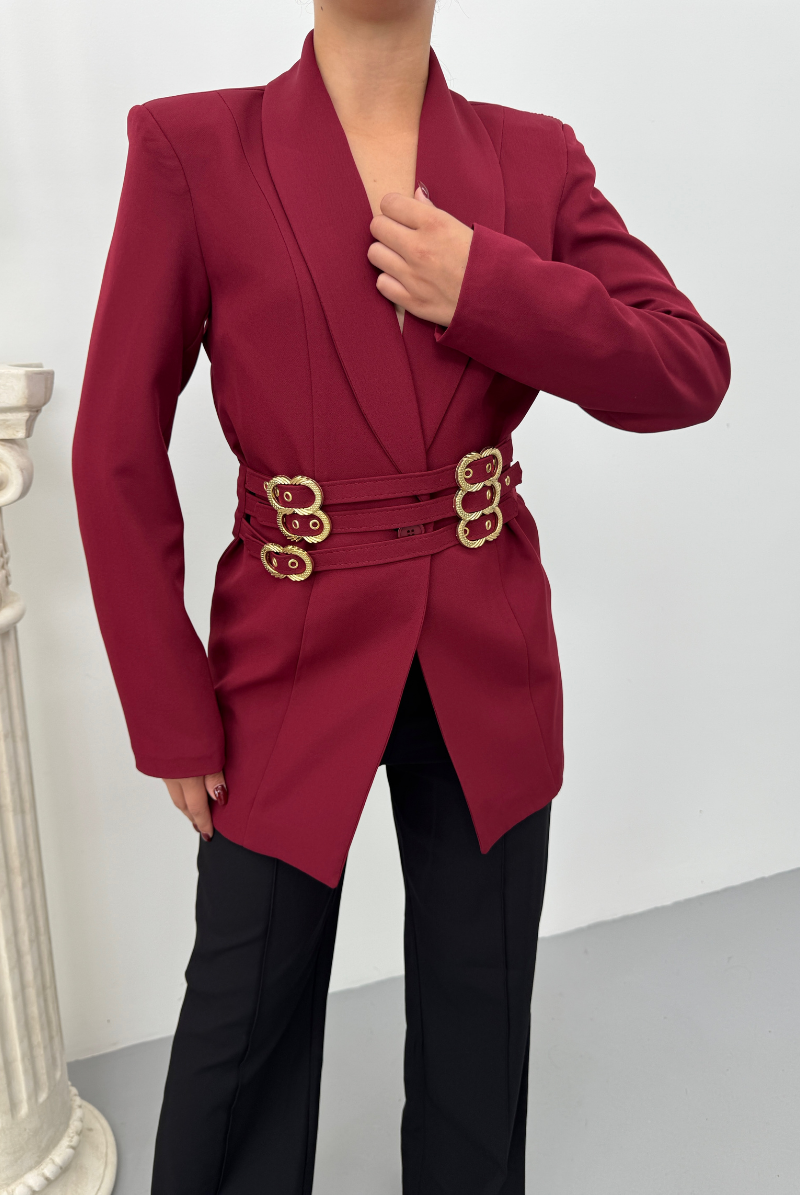 Kadın Blazer Ceket Şık Kruvaze Yaka Vatkalı Gold Kemer Detaylı Ceket