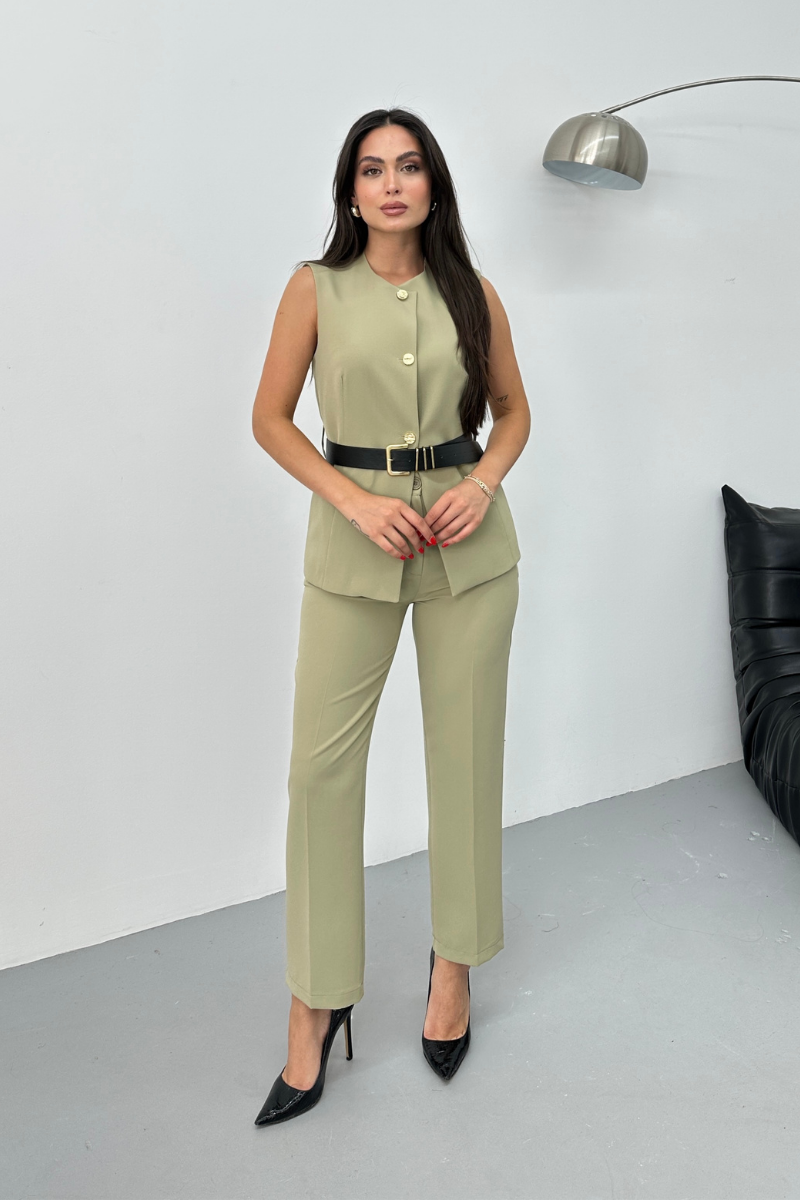 Kadın İkili Alt Üst Takım Şık Kemerli Düğme Detaylı Bisiklet Yaka Regular Yelek Pantolon Takım