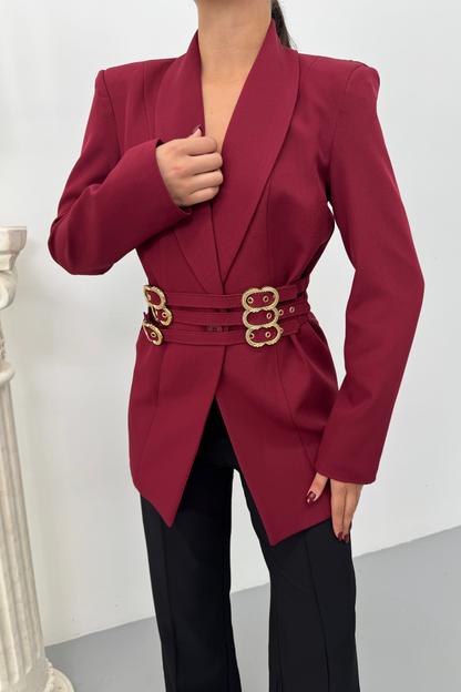 Kadın Blazer Ceket Şık Kruvaze Yaka Vatkalı Gold Kemer Detaylı Ceket