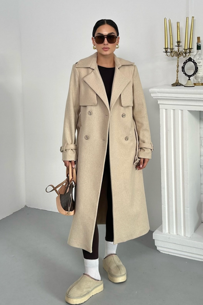 Kadın Kaban Uzun Kaşe  Kuşaklı Düğmeli Cepli Kruvaze Premium Kaban