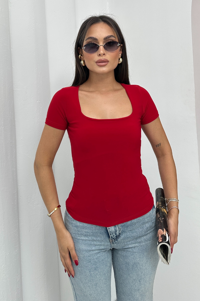 Kadın Kısa Kollu T-Shirt Kare Yaka Çift Kat Sandy Kumaş Crop T-Shirt