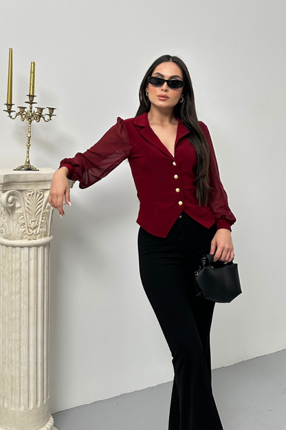 Kadın Gömlek Düğmeli Uzun Tül Kollu Ceket Yaka Bele Oturan Gömlek