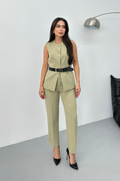 Kadın İkili Alt Üst Takım Şık Kemerli Düğme Detaylı Bisiklet Yaka Regular Yelek Pantolon Takım