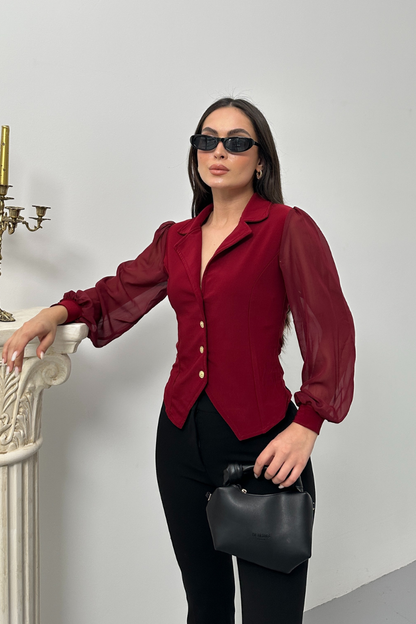 Kadın Gömlek Düğmeli Uzun Tül Kollu Ceket Yaka Bele Oturan Gömlek