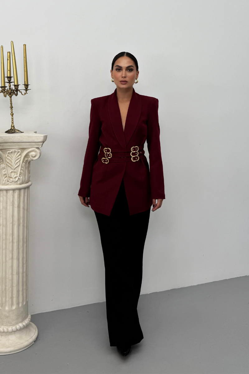 Kadın Blazer Ceket Şık Kruvaze Yaka Vatkalı Gold Kemer Detaylı Ceket