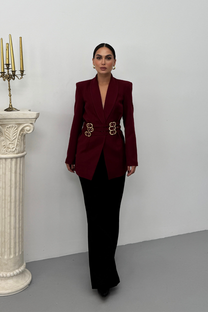 Kadın Blazer Ceket Şık Kruvaze Yaka Vatkalı Gold Kemer Detaylı Ceket