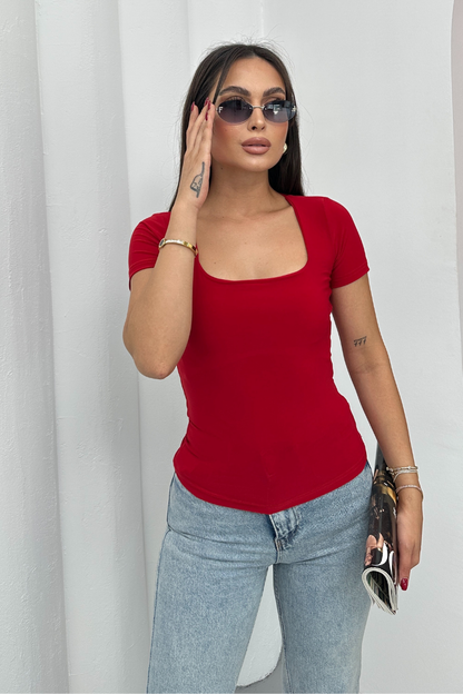 Kadın Kısa Kollu T-Shirt Kare Yaka Çift Kat Sandy Kumaş Crop T-Shirt