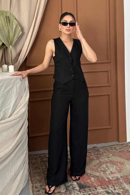 Kadın Alt Üst Takım Keten Düğmeli V Yaka Yelek Bol Paça Pantolon Takım