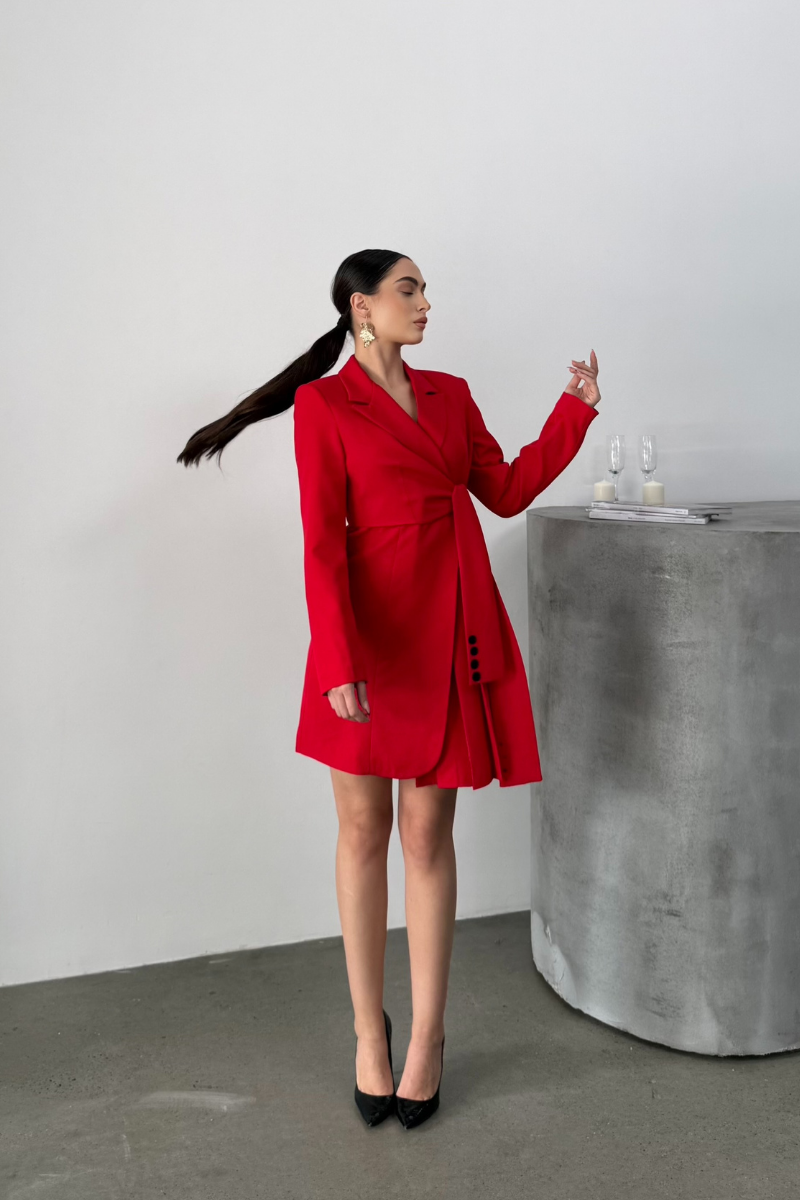 Kadın Elbise Mini Şık Uzun Kollu Kuşaklı Kruvaze Yaka Pileli Ceket Elbise