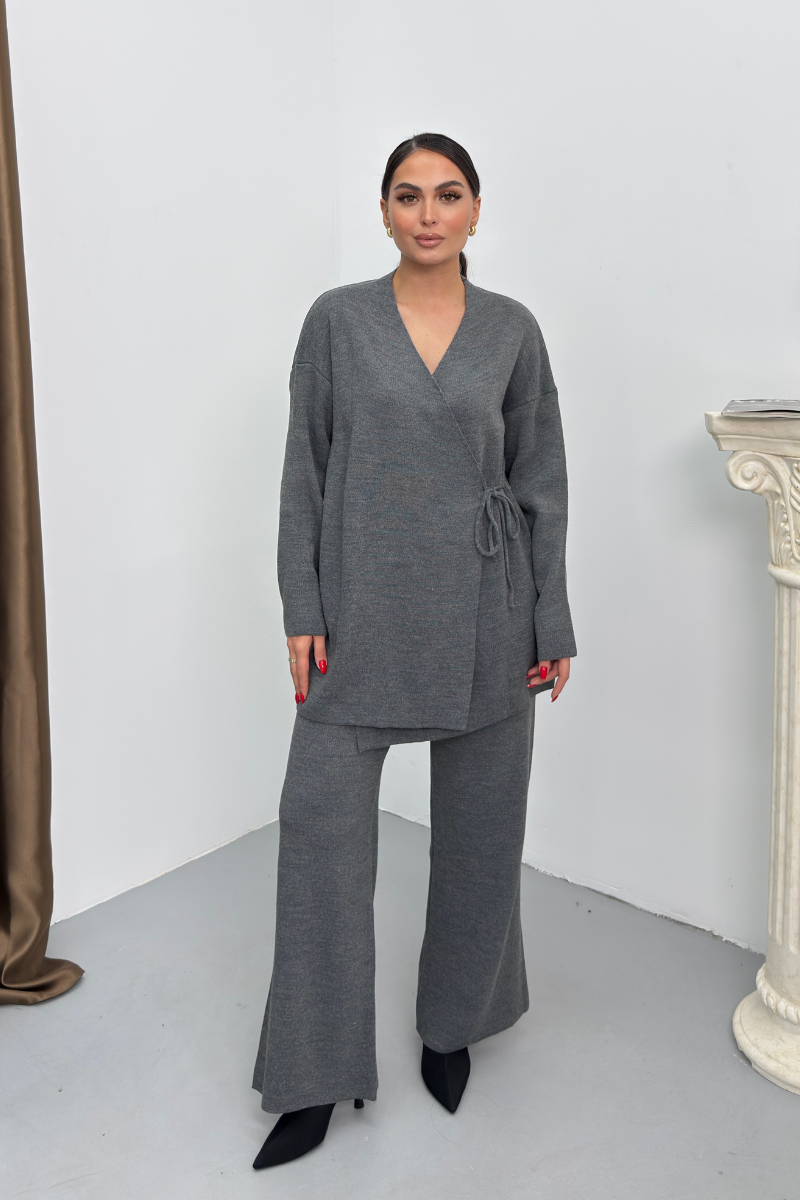 Kadın İkili Alt Üst Takım Triko Yandan Bağcıklı Kruvaze Hırka Bol Paça Pantolon Örme Takım