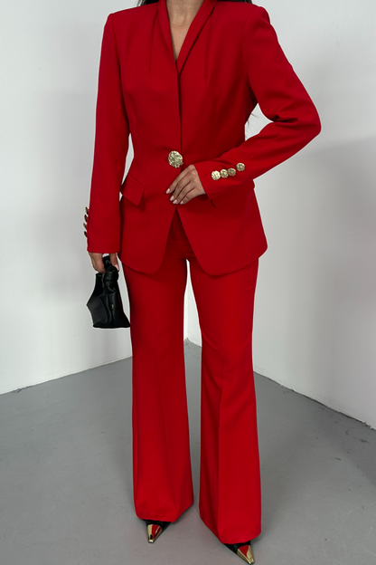 Kadın İkili Takım Şık Düğme Detaylı Dik Yaka Blazer Ceket Bol Paça Pantolon Takım