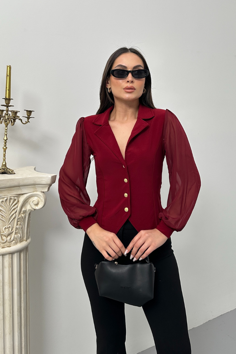 Kadın Gömlek Düğmeli Uzun Tül Kollu Ceket Yaka Bele Oturan Gömlek