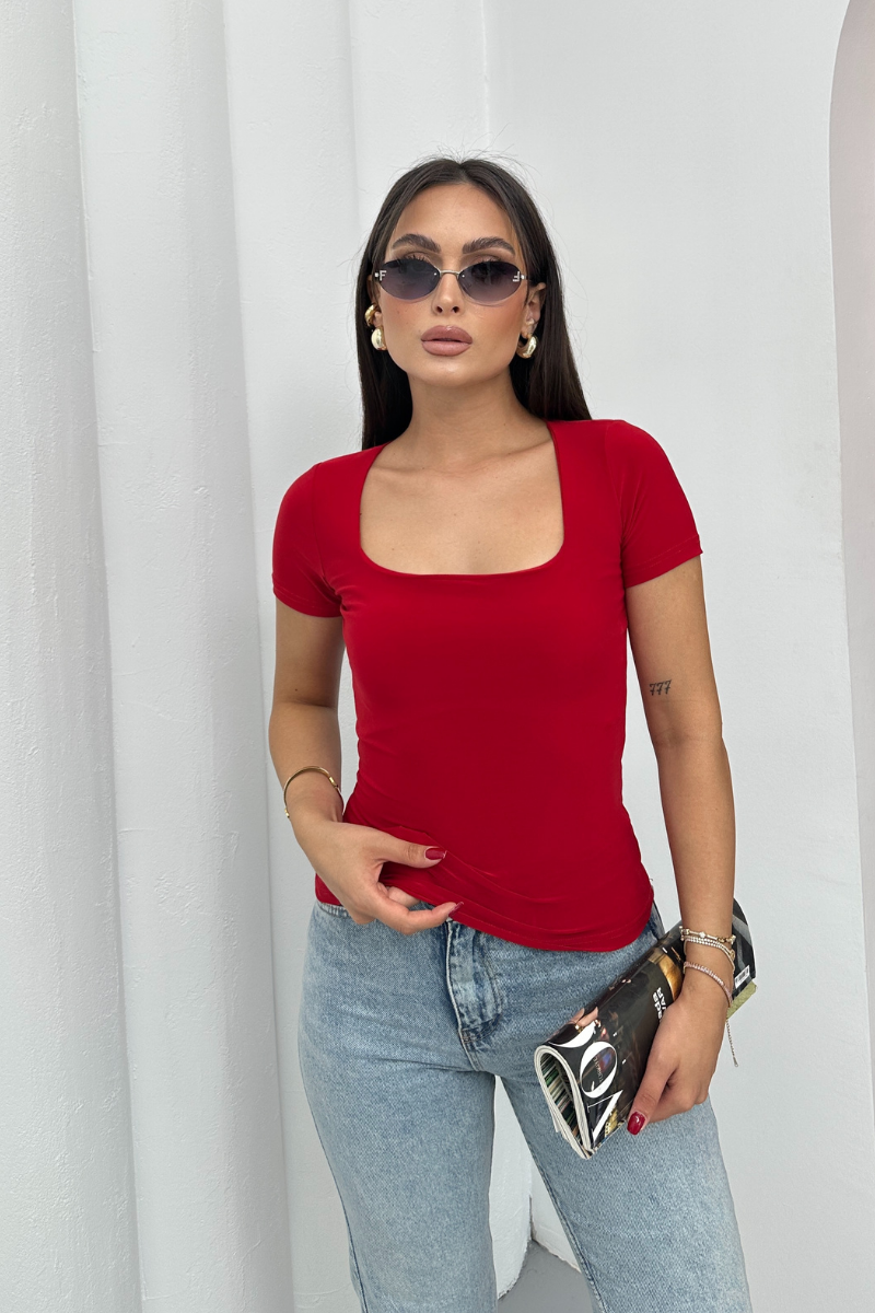 Kadın Kısa Kollu T-Shirt Kare Yaka Çift Kat Sandy Kumaş Crop T-Shirt