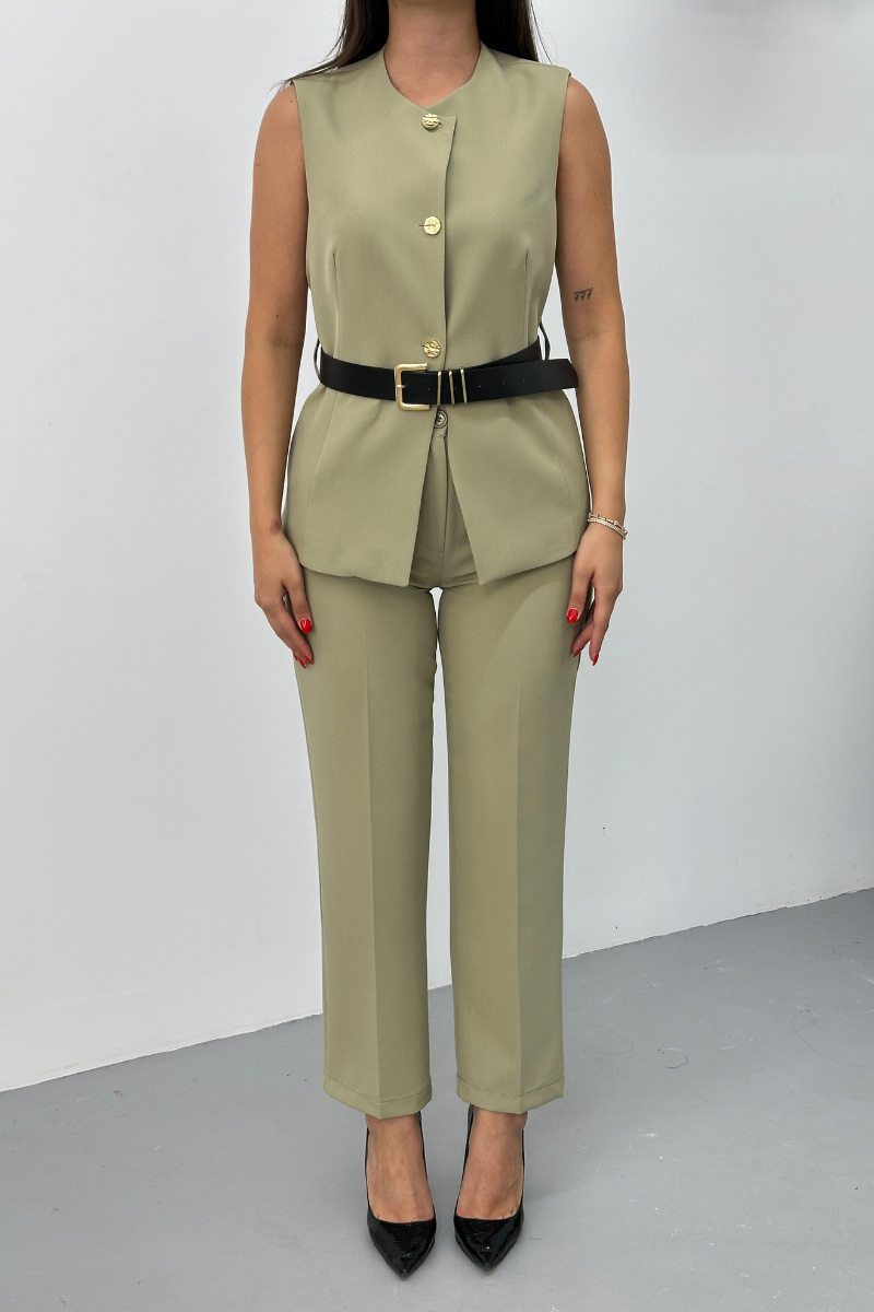 Kadın İkili Alt Üst Takım Şık Kemerli Düğme Detaylı Bisiklet Yaka Regular Yelek Pantolon Takım