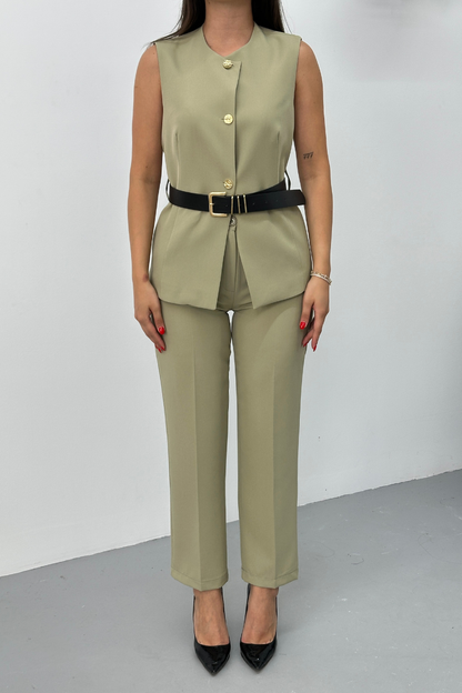 Kadın İkili Alt Üst Takım Şık Kemerli Düğme Detaylı Bisiklet Yaka Regular Yelek Pantolon Takım
