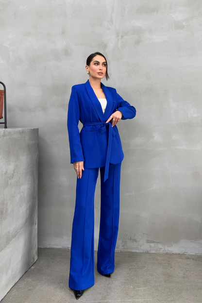 Kadın İkili Kuşaklı Blazer Ceket Pantolon Takım