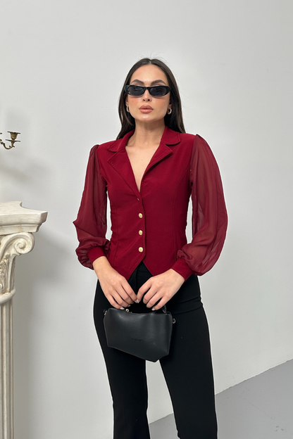 Kadın Gömlek Düğmeli Uzun Tül Kollu Ceket Yaka Bele Oturan Gömlek