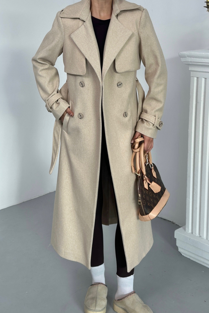 Kadın Kaban Uzun Kaşe  Kuşaklı Düğmeli Cepli Kruvaze Premium Kaban