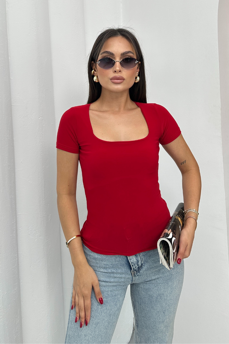 Kadın Kısa Kollu T-Shirt Kare Yaka Çift Kat Sandy Kumaş Crop T-Shirt