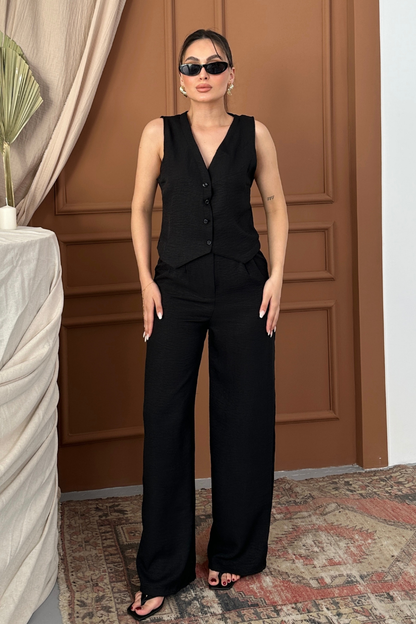Kadın Alt Üst Takım Keten Düğmeli V Yaka Yelek Bol Paça Pantolon Takım