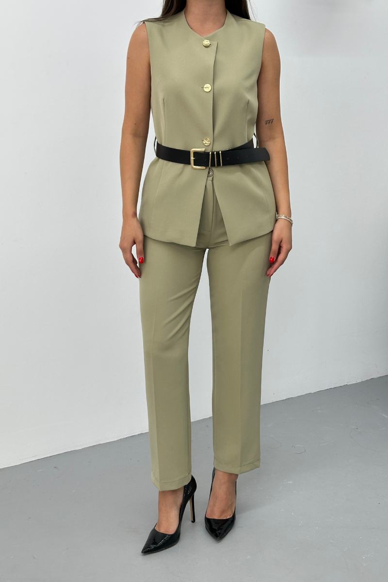 Kadın İkili Alt Üst Takım Şık Kemerli Düğme Detaylı Bisiklet Yaka Regular Yelek Pantolon Takım