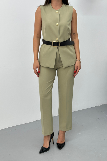Kadın İkili Alt Üst Takım Şık Kemerli Düğme Detaylı Bisiklet Yaka Regular Yelek Pantolon Takım